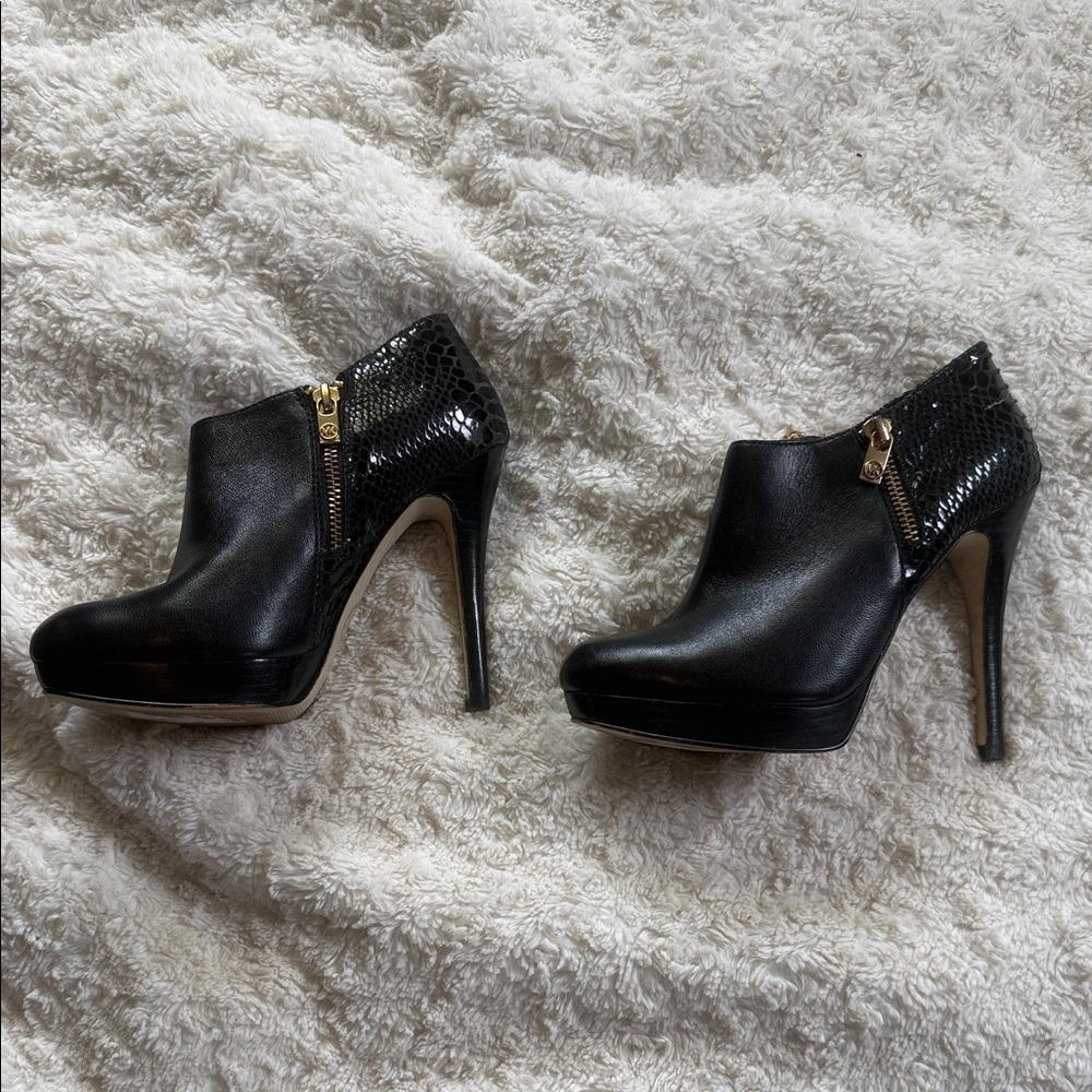 Michael Kors Black Snake-Print Platform Ankle Booties with Gold Zippers